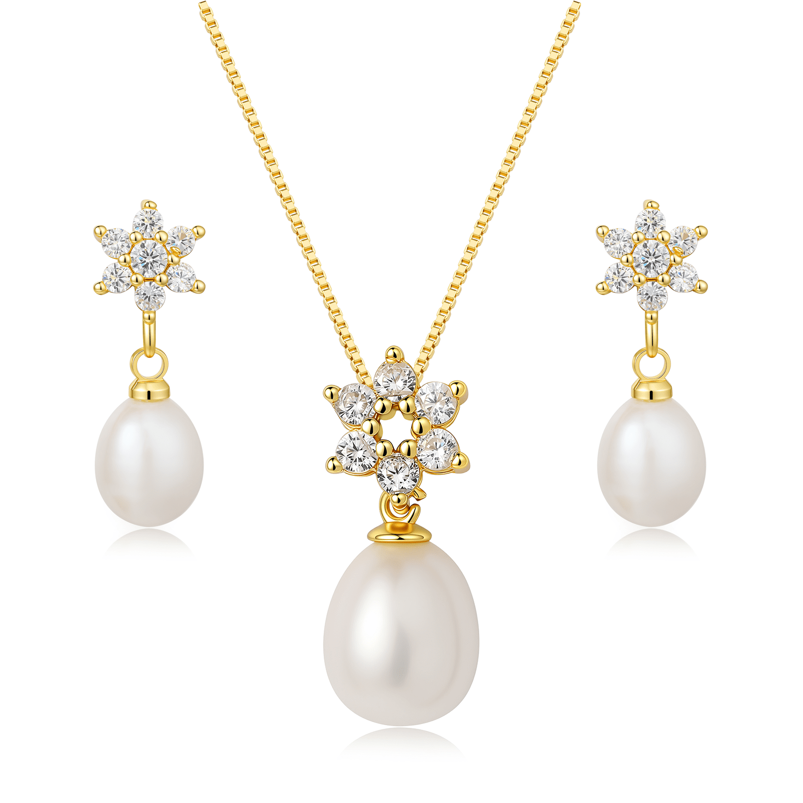 YAMI Freshwater Pearl Jewelry Set for Women, 9-10mm White Pearl Star Pendant Necklace, Drop Earrings, 14K Gold Plated, Cubic Zirconia Wedding Gift