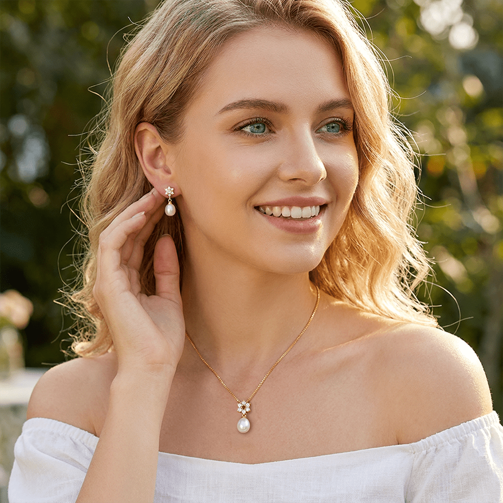 YAMI Freshwater Pearl Jewelry Set for Women, 9-10mm White Pearl Star Pendant Necklace, Drop Earrings, 14K Gold Plated, Cubic Zirconia Wedding Gift - Image 3